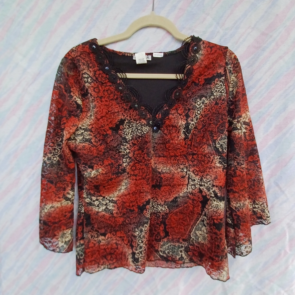 Whimsigoth Eclectic Boho Top with 3/4 Length Sleeves, And Lacey Floral Pattern
